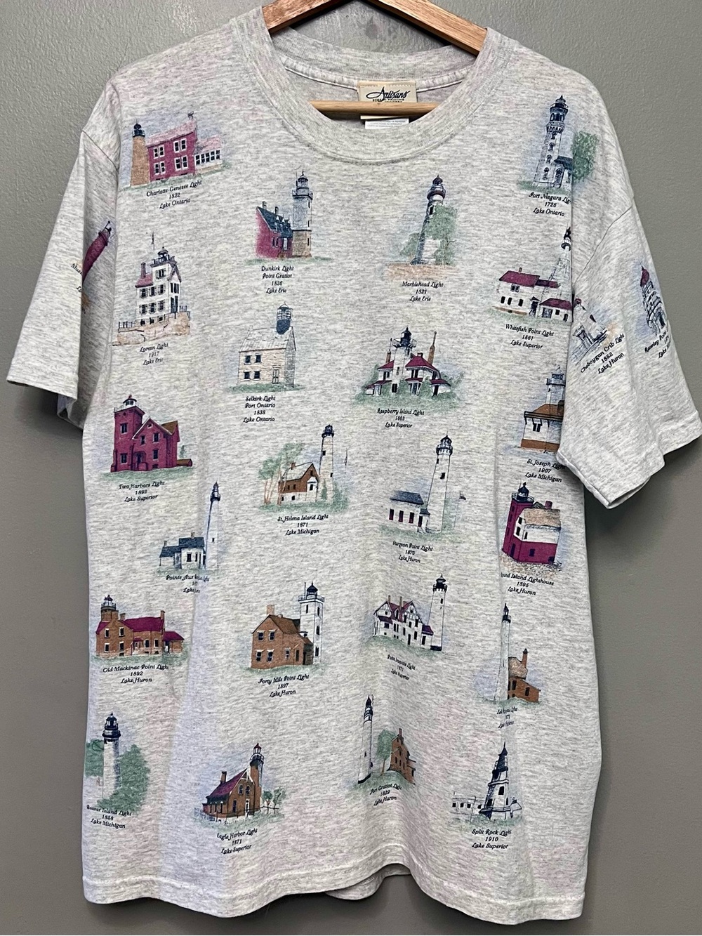 VTG 1990s Artisans Lighthouses Of The Great Lakes AOP Graphic Shirt Made In USA